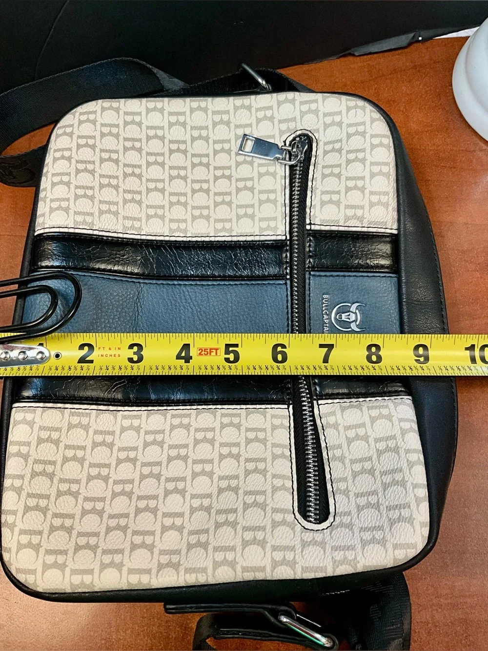 Beige & Black Canvas Messenger Bag with Front Zip Pocket